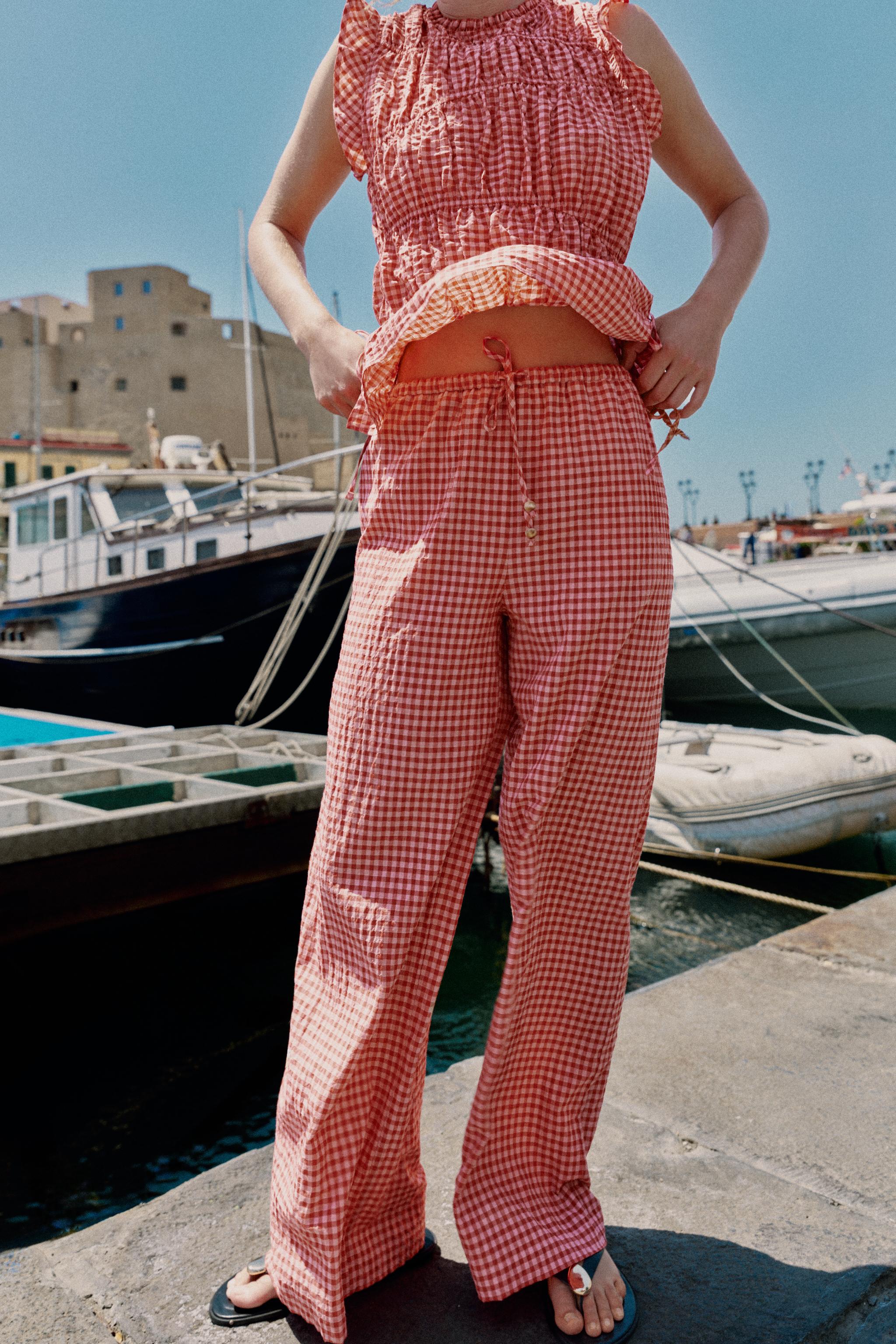 GINGHAM WIDE LEG PANTS